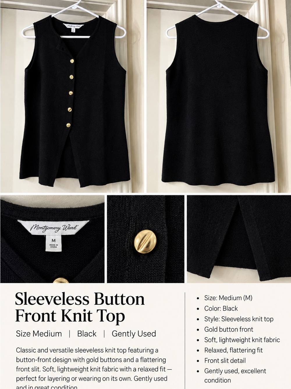 Black Sleeveless Button-Front Knit Top